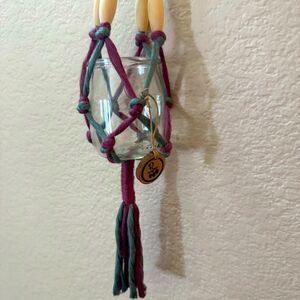 Mini Macrame Hanging Jar Holder – Two-Tone Mauve & Teal with Wood Beads